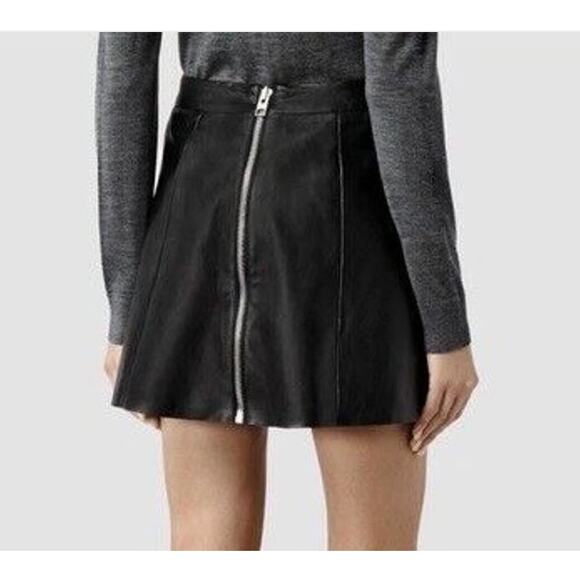 AllSaints Womens Sens Leather A-Line Mini Skirt Full Rear Zip Black Size 2 - Picture 2 of 13